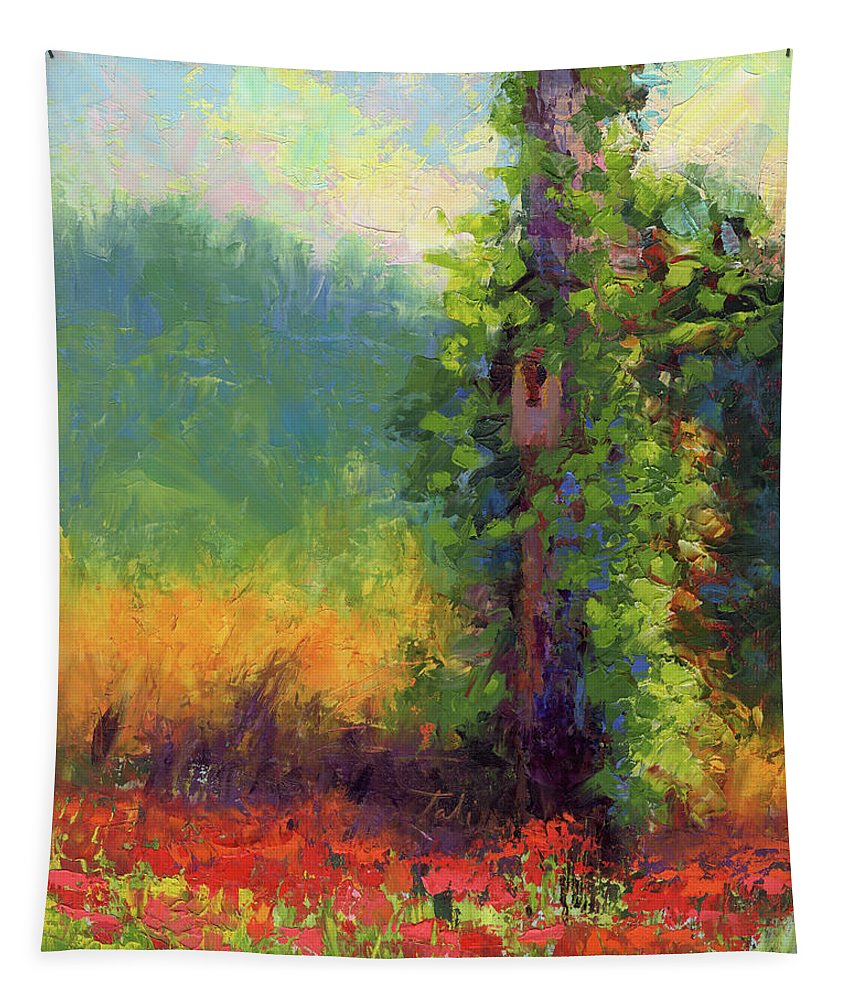 Nesting - palette knife painted landscape with bird nest green hills and red poppies - Tapestry