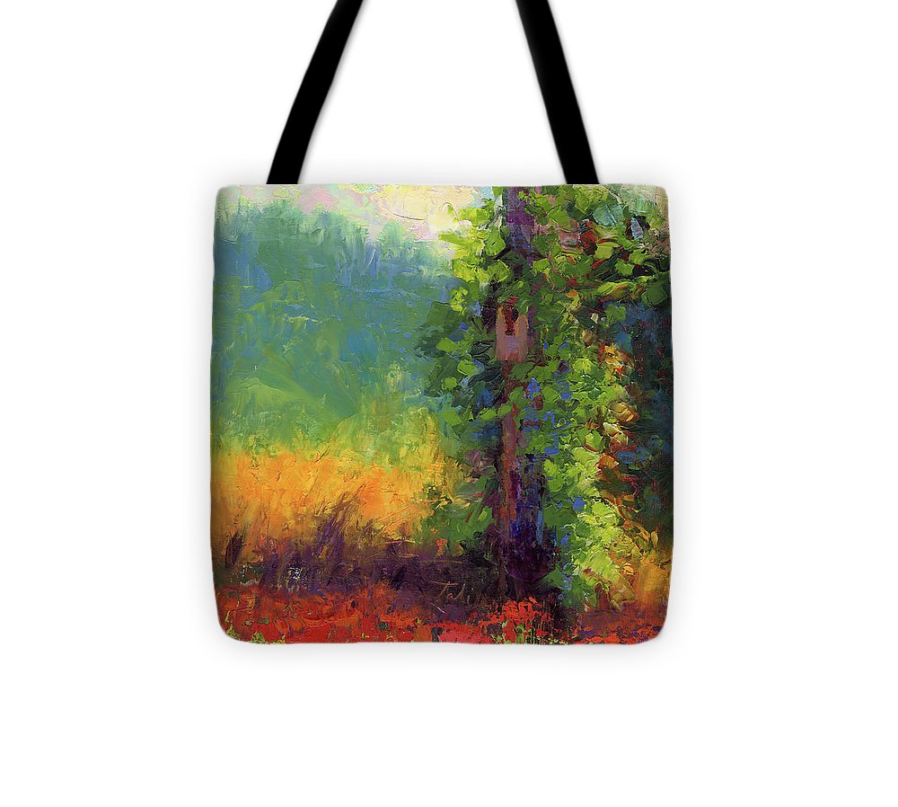 Nesting - palette knife painted landscape with bird nest green hills and red poppies - Tote Bag