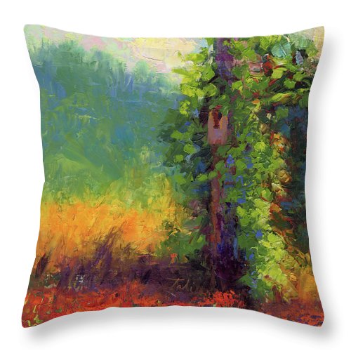 Nesting - palette knife painted landscape with bird nest green hills and red poppies - Throw Pillow