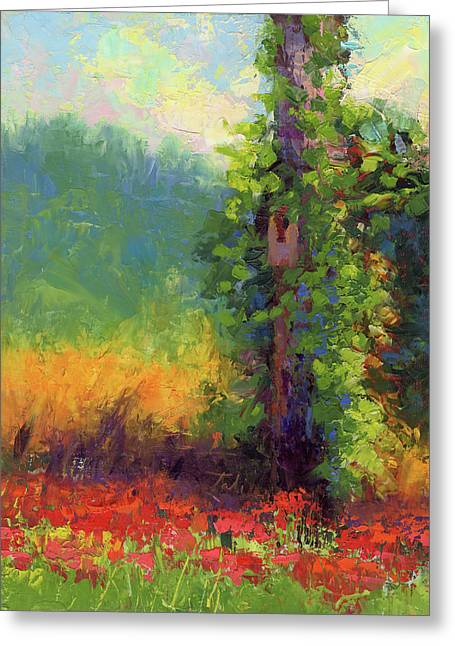 Nesting - palette knife painted landscape with bird nest green hills and red poppies - Greeting Card