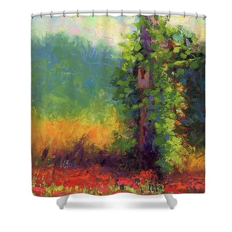 Nesting - palette knife painted landscape with bird nest green hills and red poppies - Shower Curtain