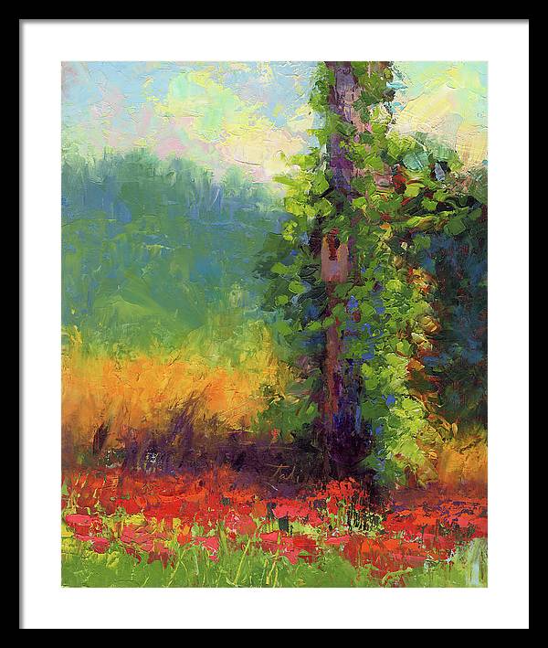 Nesting - palette knife painted landscape with bird nest green hills and red poppies - Framed Print