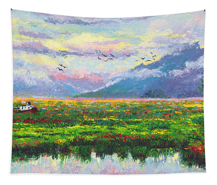 Nomad - Alaska Landscape with Joe Redington's boat in Knik Alaska - Tapestry