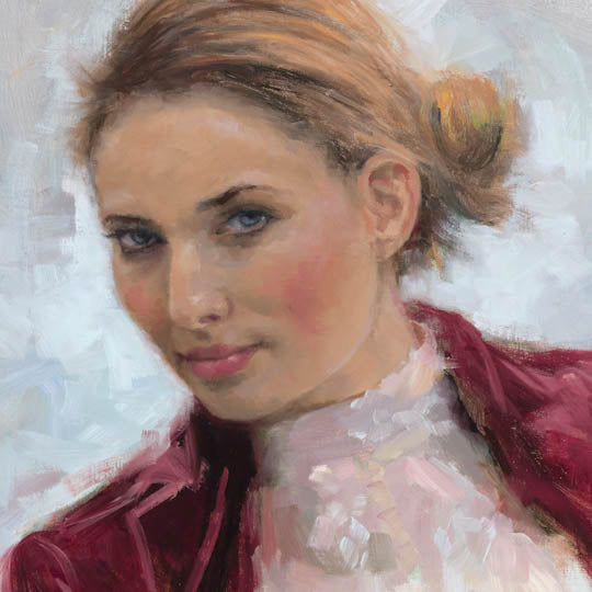 Detail of impressionist portrait by Talya Johnson of beautiful young woman with blond hair and blue eyes wearing vintage clothing.