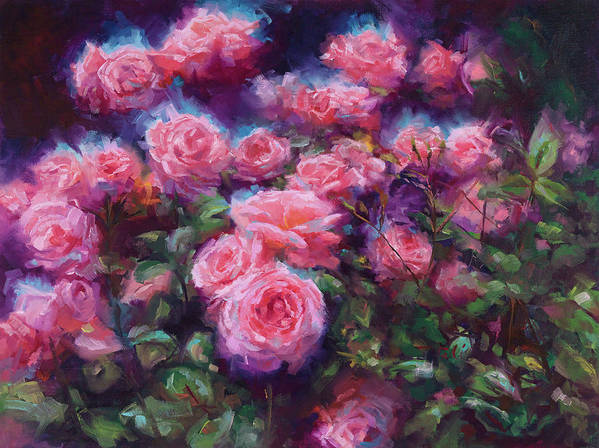 Art print of original impressionist oil painting featuring vintage pink Roses against dark green and violet foliage ground.