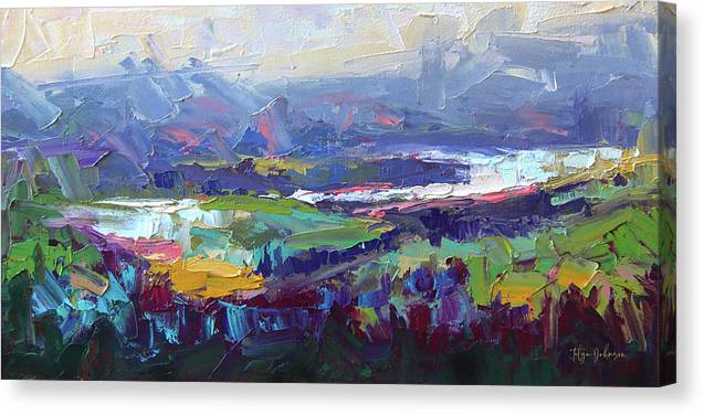 Panoramic canvas wall art of abstract landscape painting painted with palette knife of Pacific Northwest valley by Oregon artist Talya Johnson.