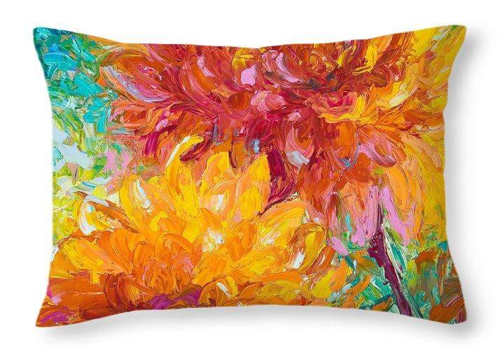 Passion Throw Pillow home decor artwork featuring orange dahlia flowers by talya johnson