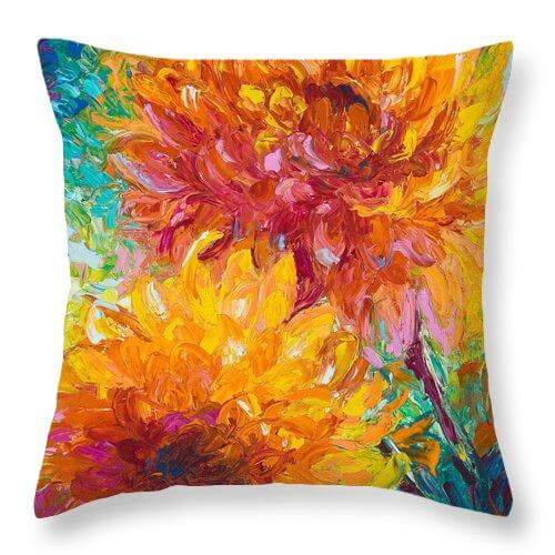 Passion Throw Pillow home decor artwork featuring orange dahlia flowers by talya johnson