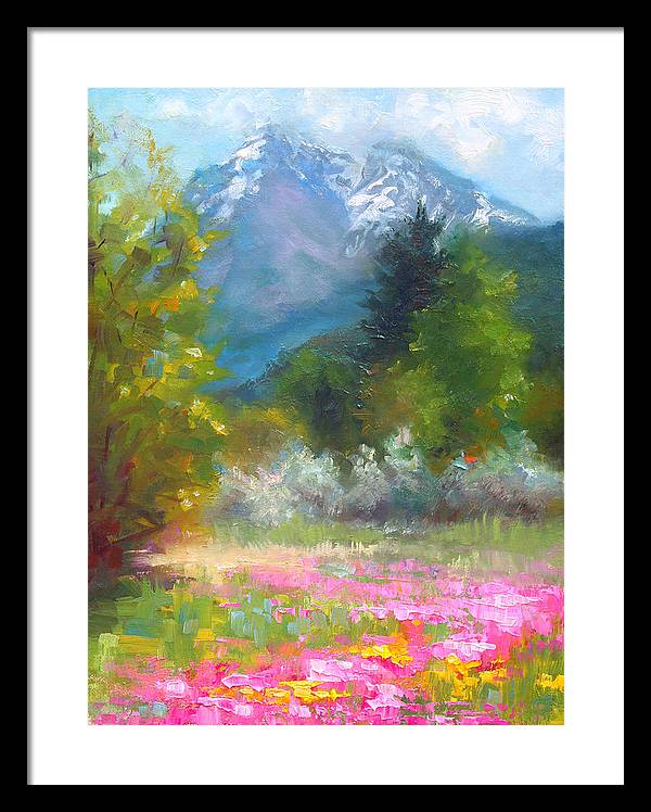Pioneer Peaking - flowers and mountain in Alaska - Framed Print