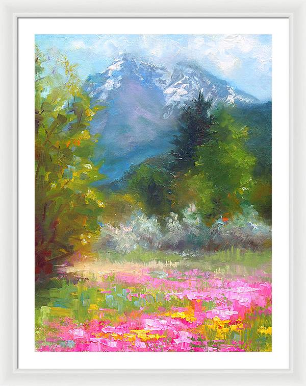 Pioneer Peaking - flowers and mountain in Alaska - Framed Print