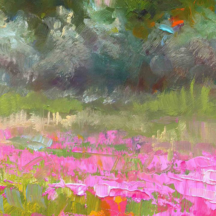 Detailed close up of Alaskan landscape wildflower field in front of Pioneer Peak, original painted by contemporary impressionist fine artist Talya Johnson.