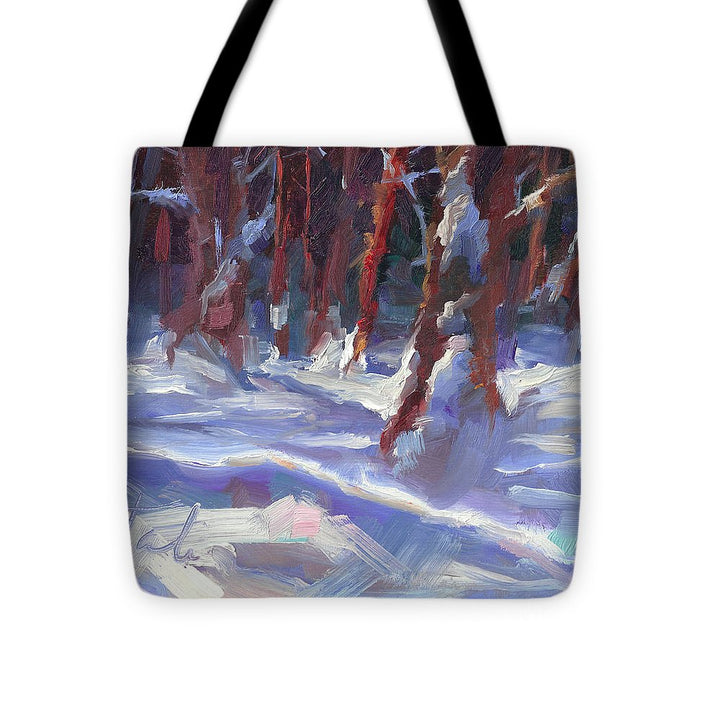 Snow Laden - winter snow covered trees - Tote Bag
