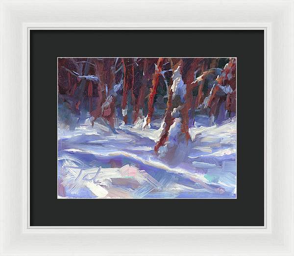 Snow Laden - winter snow covered trees - Framed Print