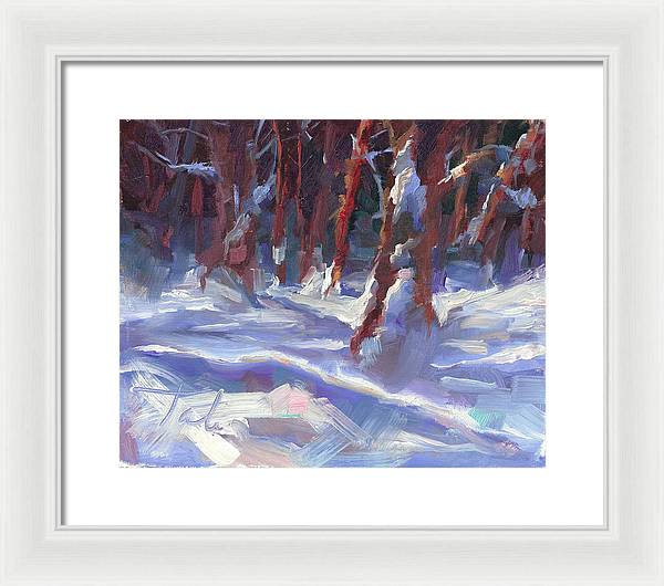 Snow Laden - winter snow covered trees - Framed Print