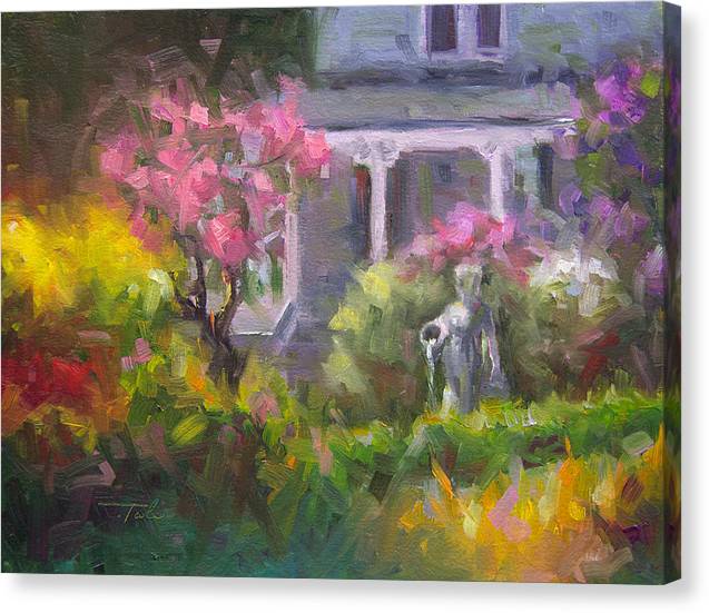 Three quarter view of canvas print wall art of The Guardian, a plein air oil painting in modern impressionism of lilac garden painting landscape by Oregon Artist Taya Johnson