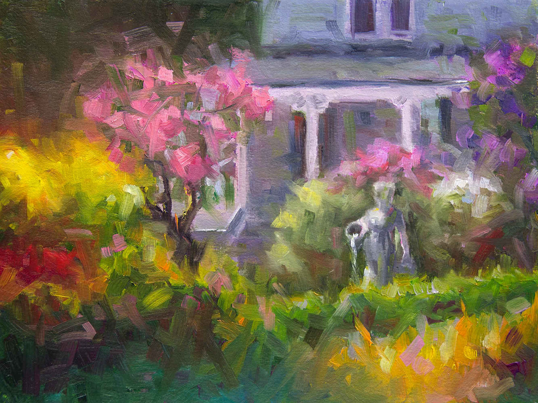 Strait on view of painting on canvas wall art print of The Guardian, a plein air oil painting in modern impressionism of lilac garden painting landscape by Oregon Artist Taya Johnson
