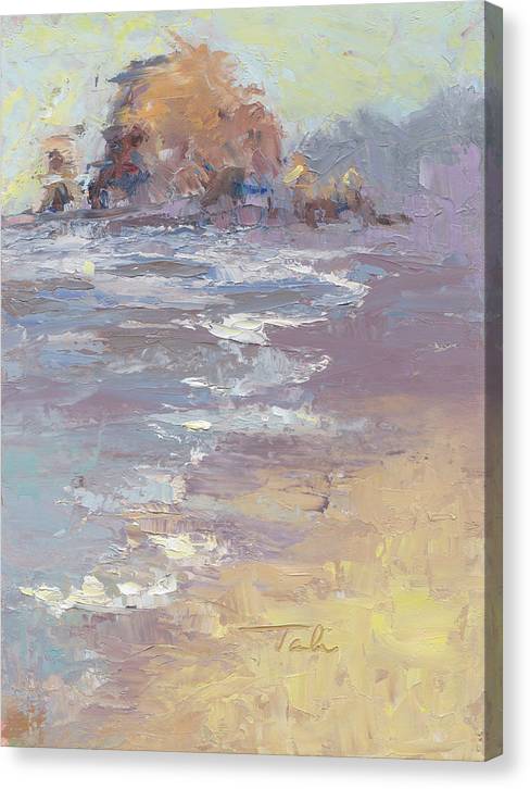 Canvas print of Original palette knife oil painting featuring Haystack Rock in Cannon Beach Oregon by Talya Johnson. Mirror wrap profile.