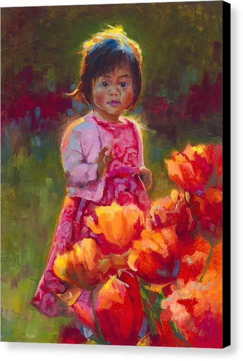 Tulip Princess - Impressionist Girl in Pink Dress With Orange Tulips - Canvas Print
