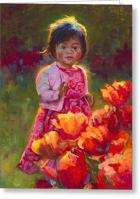 Tulip Princess - Impressionist Girl in Pink Dress With Orange Tulips - Greeting Card