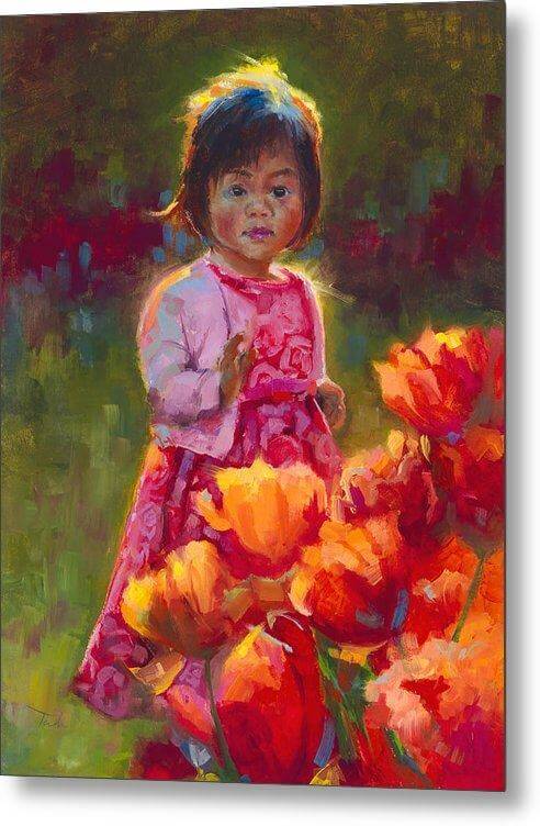 Tulip Princess - Impressionist Girl in Pink Dress With Orange Tulips - Metal Print