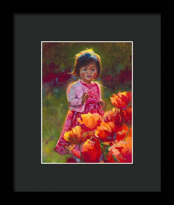 Tulip Princess - Impressionist Girl in Pink Dress With Orange Tulips - Framed Print