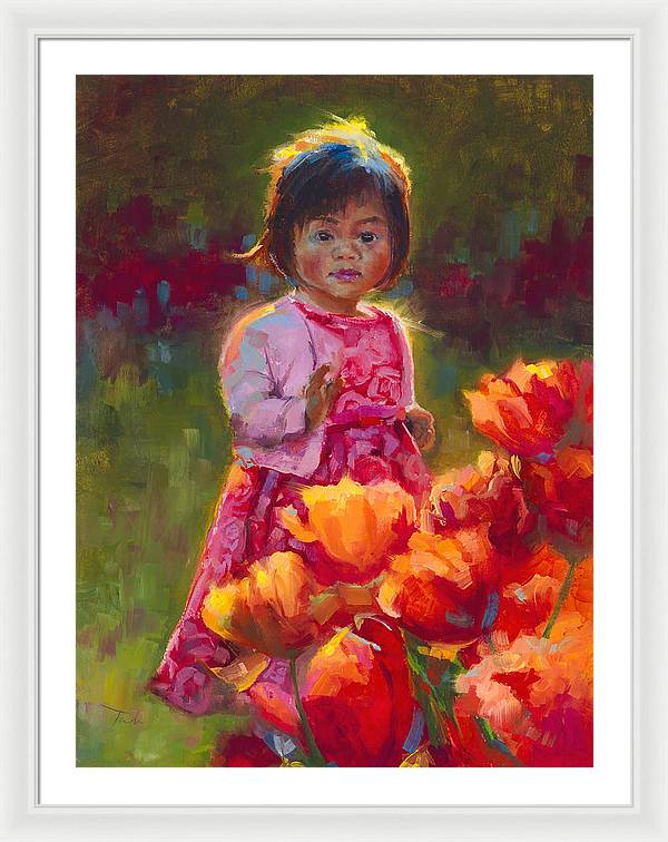Tulip Princess - Impressionist Girl in Pink Dress With Orange Tulips - Framed Print