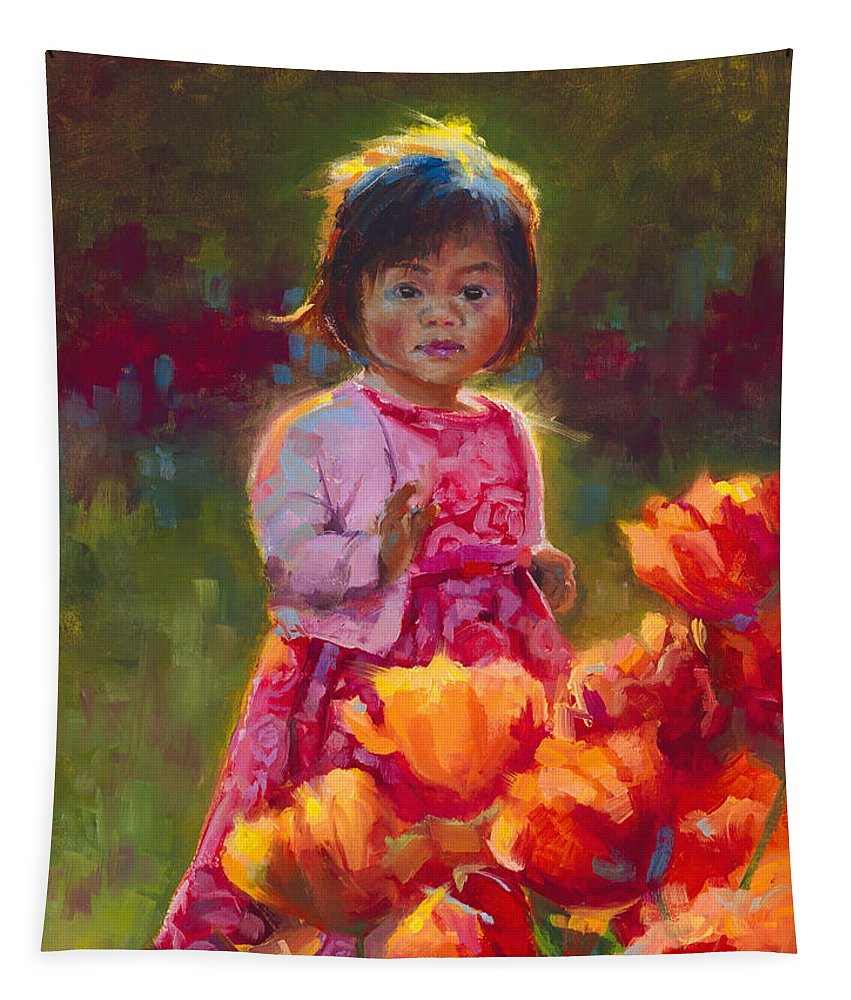 Tulip Princess - Impressionist Girl in Pink Dress With Orange Tulips - Tapestry