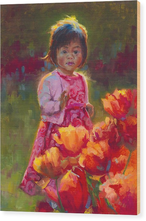 Tulip Princess - Impressionist Girl in Pink Dress With Orange Tulips - Wood Print