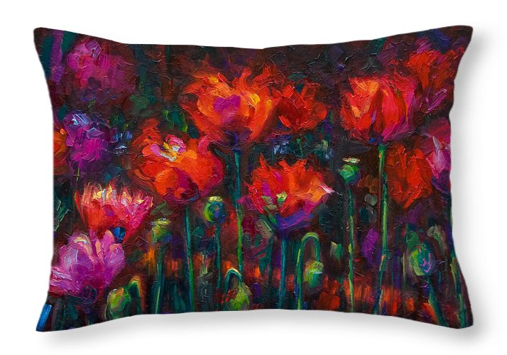 Up from the Ashes Throw Pillow featuring fiery red poppies by talya johnson