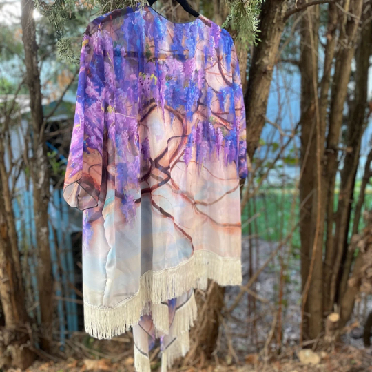 photo of Wisteria Floral Draped Kimono Shawl Lightweight Ruana Cover Up Loungewear in Silk or Chiffon | Boho Aesthetic